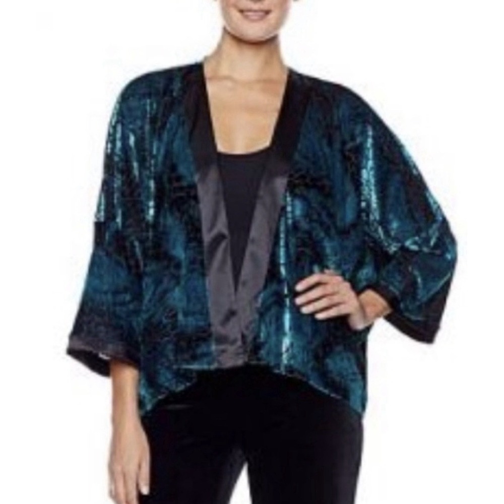 American Glamour Badgley Mischka Teal Black Velvet Burnout Kimono Jacket 2X NWT